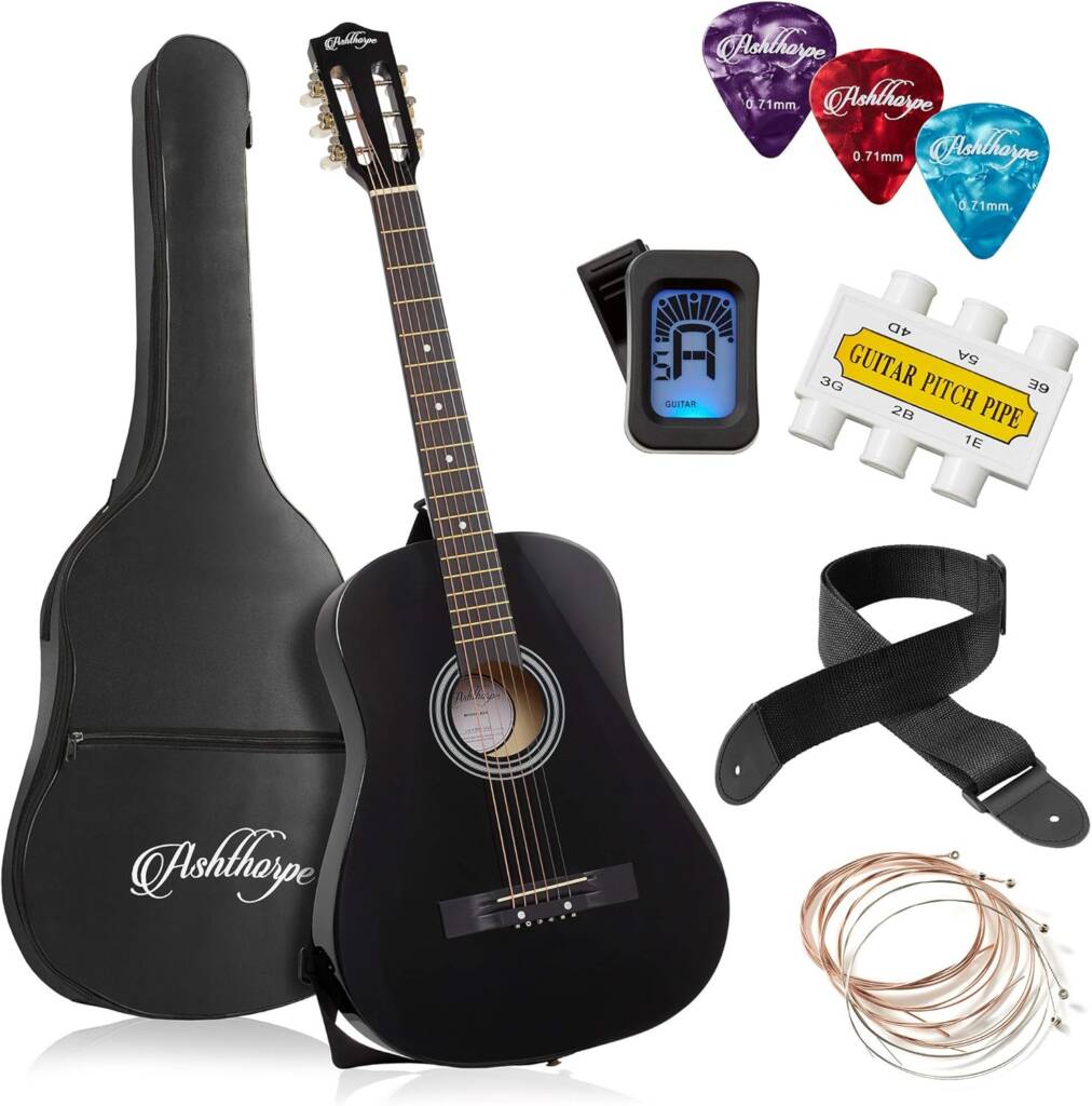 Ashthorpe 38" Beginner Acoustic Guitar Kit – Black Starter Set with Bag, Tuner & Accessories