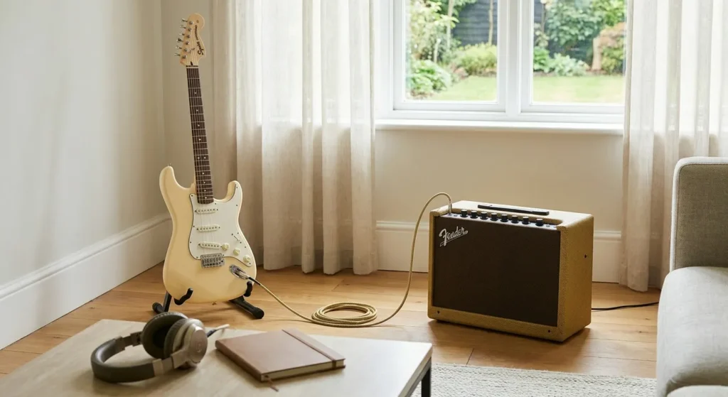 Guitarra eléctrica en un soporte junto a un amplificador, con auriculares sobre una mesa cercana