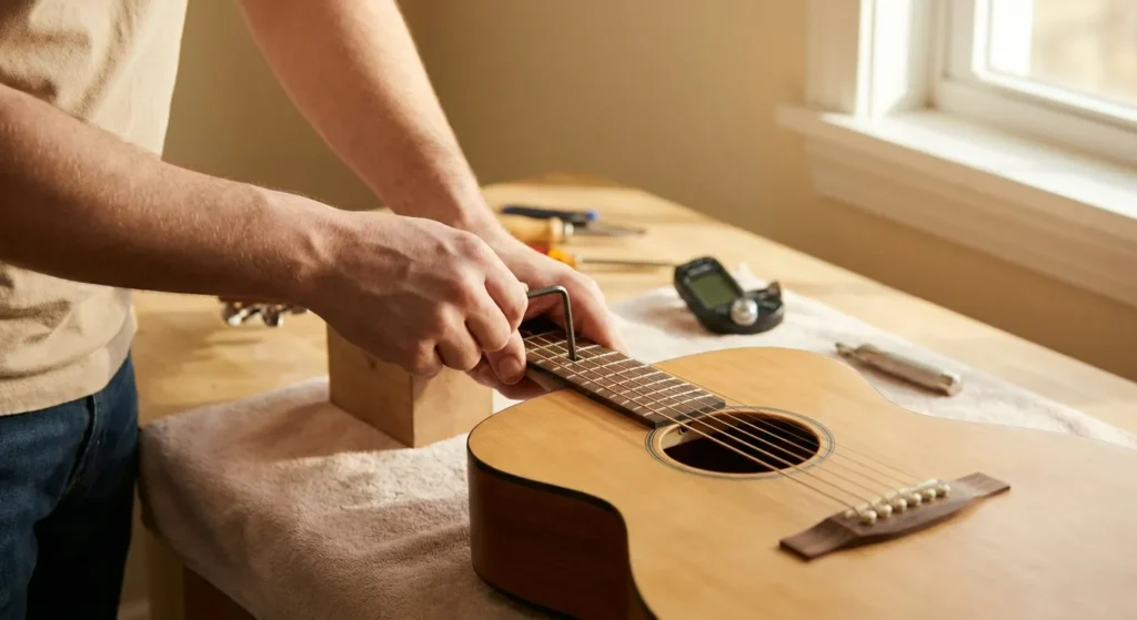 Manos revisando las cuerdas de una guitarra acústica sobre una mesa de trabajo junto a herramientas de ajuste