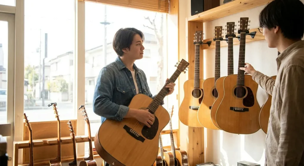 Dos personas comparando guitarras acústicas en una tienda, con varios modelos colgados en la pared