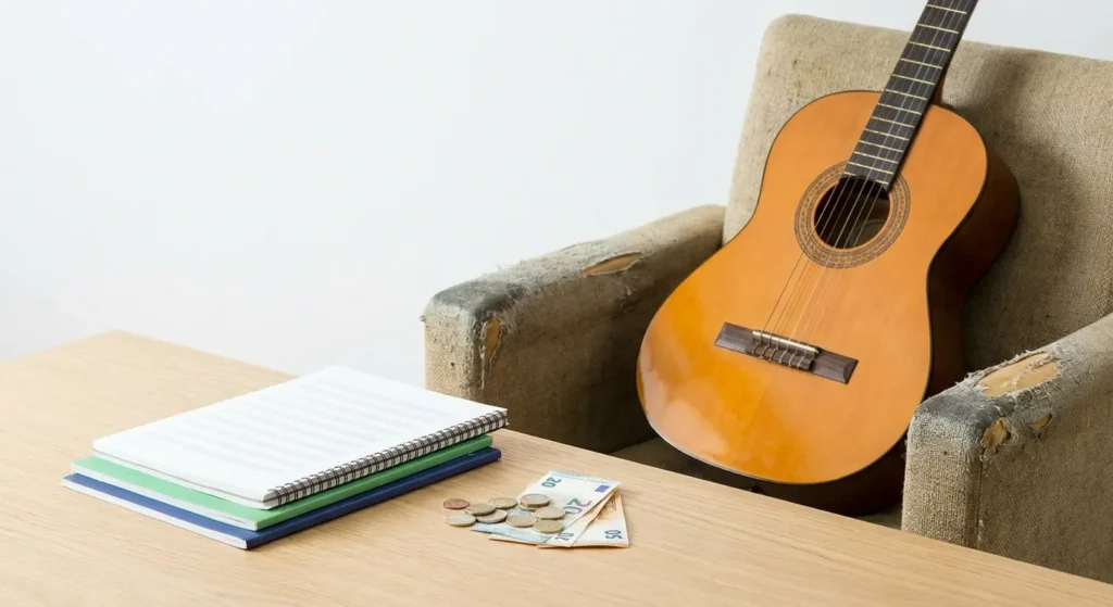 Guitarra clásica apoyada en un sillón junto a una mesa con un cuaderno, monedas y billetes