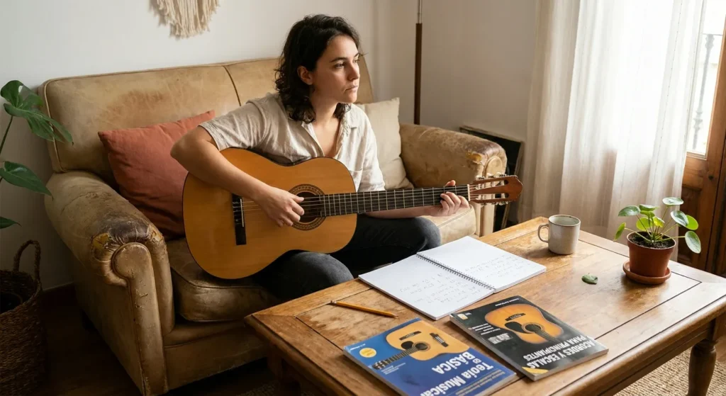 Persona sentada en un sofá con una guitarra acústica, una partitura y libros de música sobre la mesa