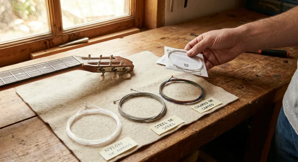Juegos de cuerdas enrolladas sobre una mesa, junto al mástil de una guitarra y sus envases