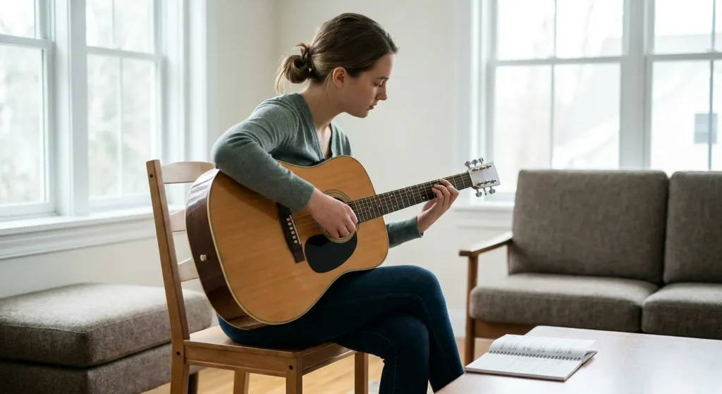 Persona sentada en una silla tocando una guitarra acústica, con ambos pies apoyados en el suelo