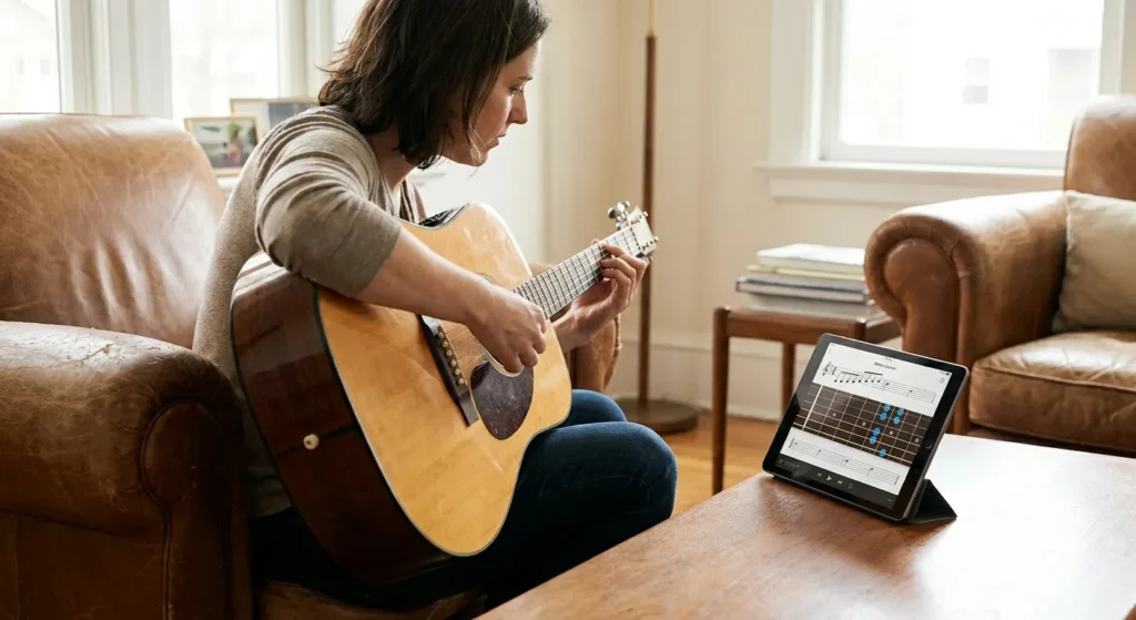 Persona practicando con una guitarra acústica frente a una tableta que muestra una lección de música