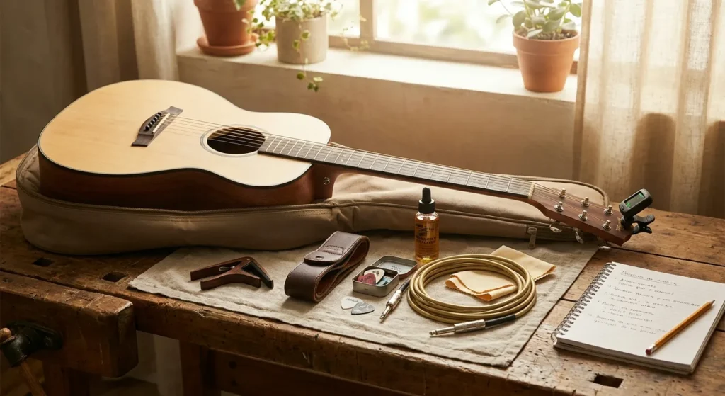 Guitarra acústica en su funda abierta junto a un cable enrollado, accesorios de limpieza y un cuaderno
