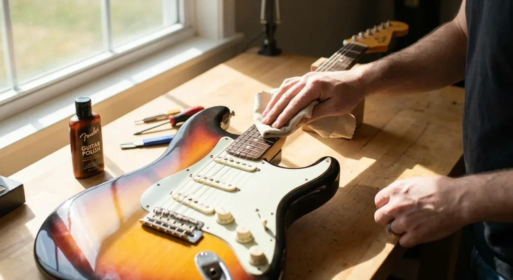 Manos limpiando una guitarra eléctrica con un paño sobre una mesa junto a productos de mantenimiento