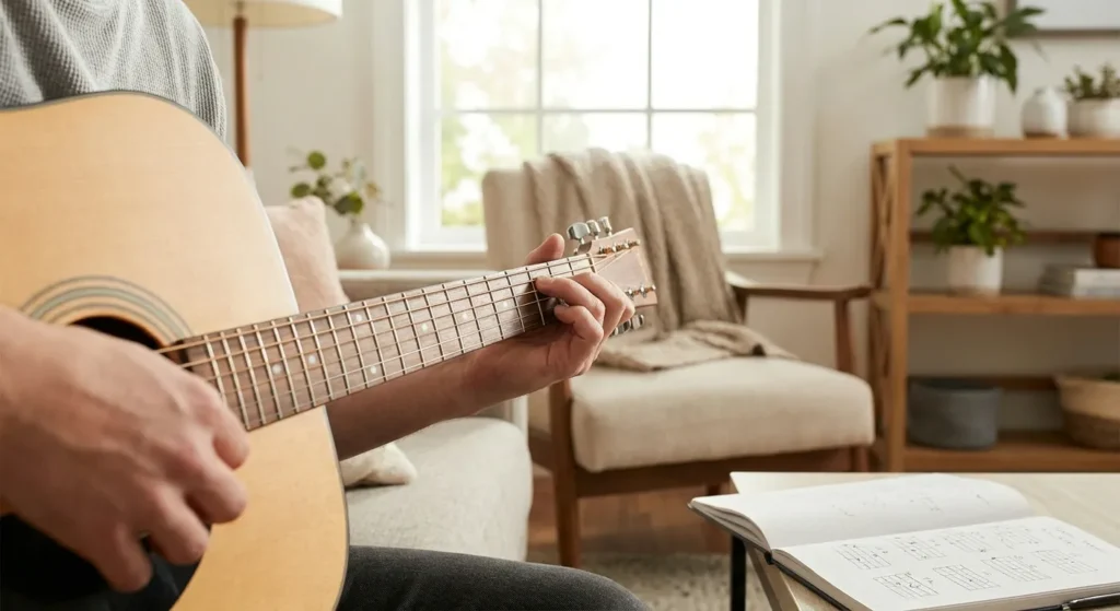 Primer plano de una persona formando un acorde en una guitarra acústica junto a un cuaderno de música