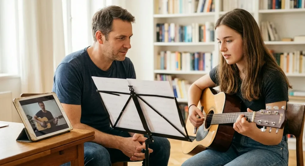 Dos personas en una clase de guitarra acústica, con una partitura en el atril y una tableta al lado