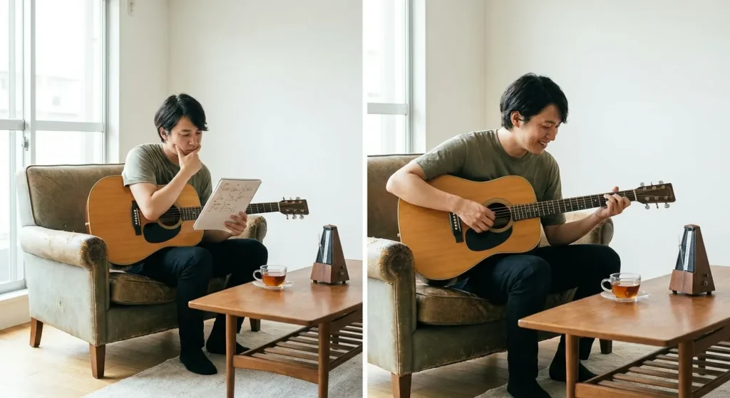 Dos escenas de una persona con guitarra acústica: leyendo una partitura y tocando sentada en un sofá