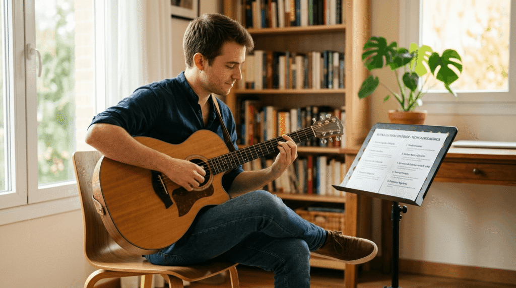 Rutina de práctica de guitarra ergonómica sin dolor ni lesiones.